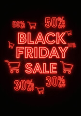 Black Friday Sale Neon Sign Discount Offer With Shopping Cart Icons And Percentage Off Labels