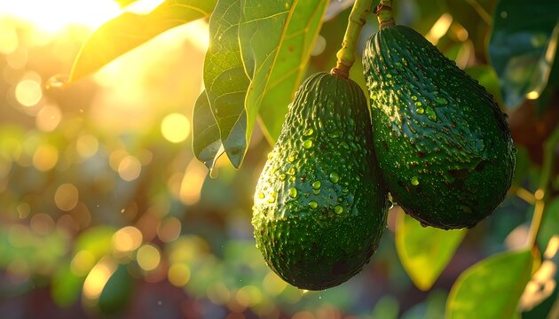 Ripe green fruit hanging from a leafy branch, sunlight shining
