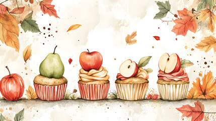Autumnal Dessert Fantasy: A whimsical watercolor scene of seasonal cupcakes adorned with ripe fruit and falling leaves, a delightful treat capturing the essence of autumn's warmth and harvest bounty.