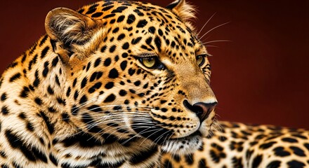 Fototapeta premium Profile View of a Leopard with Golden Eyes Against a Dark Red Background