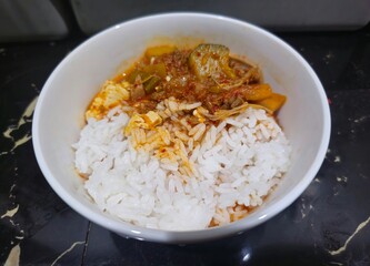 chicken and rice,Kimchi jjigae or Kimchi soup served with rice
Korean kimchi stew.Korean traditional food