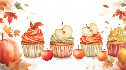 Autumnal Cupcake Delight: Exquisite, watercolor-style cupcakes adorned with fall fruits, and vibrant leaves, celebrating the harvest season. Capturing a cozy autumnal treat
