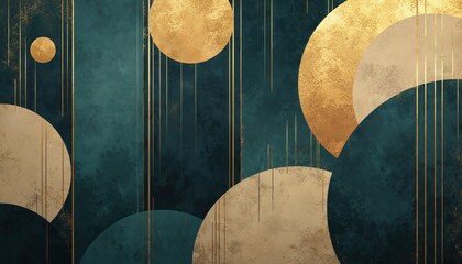 Abstract design featuring gold teal beige. Circles lines create elegant look. Modern style wallpaper idea. Contemporary deco graphic element for print decor. Trendy artwork minimal image for digital