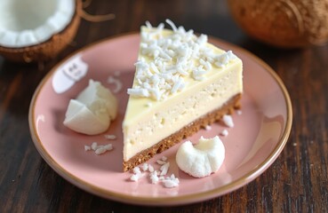Slice of coconut cheesecake on pink plate. Dessert has coconut flakes topping. Half coconut at background. Sweet treat. Baking with cheese. Food styling product photo. Gourmet cake close up shot.