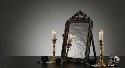Ornate mirror reflects a lit candle amidst skulls black roses and dripping wax