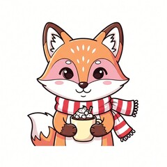 Obraz premium A cute cartoon fox wearing a red and white striped scarf holding a cup of hot chocolate
