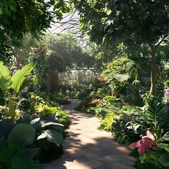 Lush Botanical Garden Path Sunlit Tropical Plants lush greenery