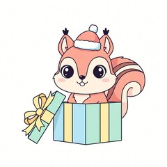 Fototapeta premium Adorable cartoon squirrel wearing a Santa hat peeking out from a festive gift box