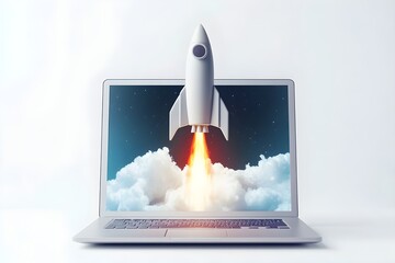 Silver Laptop Rocket Launch Screen Cloudscape spaceship