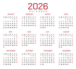 Calendar diagram of 2026 | Modern 2026 calendar design | Vector calendar illustration for wall and desk | Futuristic calendar design with red, black font | Simple calendar design 2026