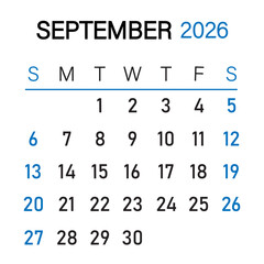 Obraz premium Month of September 2026 infographic calendar vector with blue underline below week name | Futuristic view of date in corporate way, desk, wall, decoration