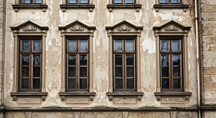 Fototapeta premium Close-up of Historic European Building Windows and Worn Exterior