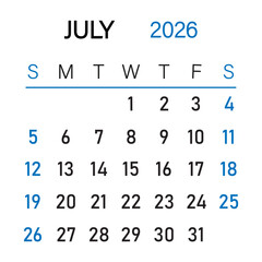 Obraz premium Month of July 2026 infographic calendar vector with blue underline below week name | Futuristic view of date in corporate way, desk, wall, decoration