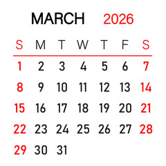 Month of March 2026 infographic calendar vector with underline below week name | Futuristic view of date in corporate way, desk, wall, decoration