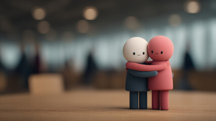 Know Customer Bonding Social Concept, Two red pink figure bonding together to know customer and create social connection on wooden surface