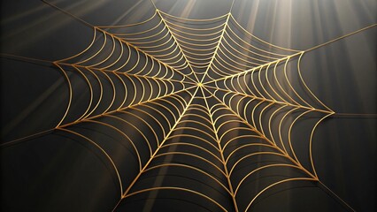 Intricate golden spider web against a dark textured background with soft light rays
