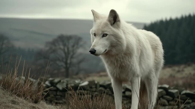 Wild dire wolf encounter in nature scenic landscape wildlife