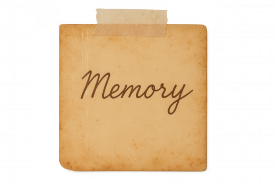 Vintage brown paper card with memory handwritten, antique texture, taped note for nostalgia and past recollection, transparent background - Powered by Adobe