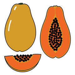 Fresh Papaya Fruit, Whole, Halved, and Sliced A Delicious Tropical Fruit Illustration
