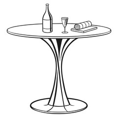 A simple line drawing of a round table with a bottle of wine a glass and a rolled up magazine