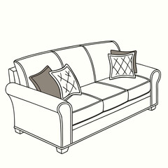 Obraz premium Classic three seater sofa with decorative throw pillows in a simple line drawing style