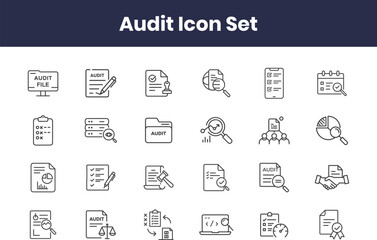  Audit icon set with financial report, compliance, inspection, document review, risk management, checklist, data analysis, certification, accounting, governance with transparent background
