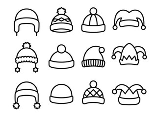 Set of 15 black and white line art illustrations of winter hats and jester hats scalable vector eps icon silhouette vector illustration white background