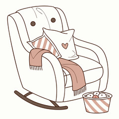 Cozy rocking chair with a striped pillow a soft scarf and a basket of fruit