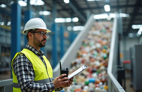 Man supervisor in hard hat and safety vest holds walkie talkie and clipboard at recycling plant. Conveyor belt filled with sorted waste materials behind him.