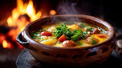 Hearty vegetable stew in rustic pot with fresh herbs by warm hearth fire