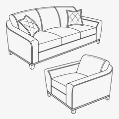 Obraz premium Elegant line drawing of a modern sofa and armchair with decorative throw pillows on a white background