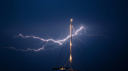Sailboat mast lightning strike, lightning flash illuminating rigging and sails, turbulent sea background, moody storm atmosphere