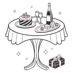 Elegant table setting with a celebratory cake champagne cheese and a gift box for a special occasion