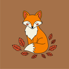A charming hand-drawn illustration of a happy fox sitting peacefully among colorful fall foliage, evoking a cozy autumn vibe