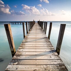 Obraz premium Wooden Pier Stretching into the Ocean Under a Cloudy Sky.