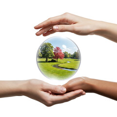 Diverse hands cradling a glass sphere enclosing a verdant landscape