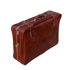 Brown old leather travel suitcase. The isolation is on a transparent background in the PNG format.