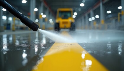 Floor surface cleaning with water jet from pressure washer. Yellow line on concrete floor washed. Floor cleaner cleans ground in industrial area with cleaning equipment. Sanitation process on factory.