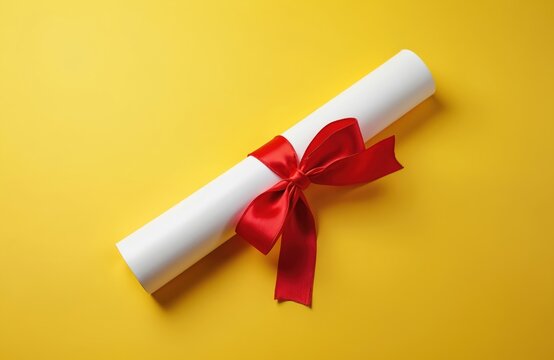 Rolled white diploma with red ribbon bow placed diagonally on solid yellow background for graduation or award concept. Academic achievement success symbol paper scroll. - Powered by Adobe