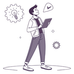 Young man holding a tablet with a lightbulb idea and checkmark symbolizing success and innovation