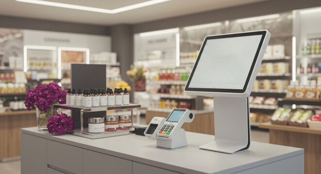 An automated checkout system with a touchscreen in a modern boutique.