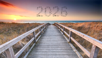 flying birds in shape of 2026 the new year flying over wooden bridge to the sea 