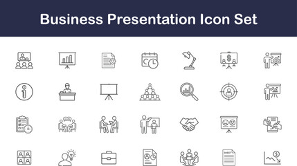  Business presentation icon set with thin line black outline style including meeting, teamwork, chart, report, and analytics symbols with transparent background