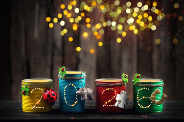 colorful tin can lanterns with 2026 for a happy new year on new years eve