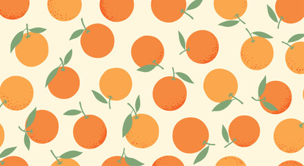 A vibrant pattern of small oranges with green leaves.