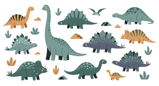 A vibrant collection of various dinosaur illustrations.