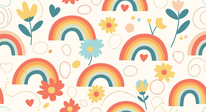 A cheerful pattern of rainbows flowers and hearts in pastel tones.