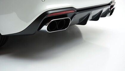 Closeup of white car rear with dual exhaust pipes. Modern vehicle design shows automotive detail. Chrome tips give luxury look. Performance and power are represented by clean aesthetic.