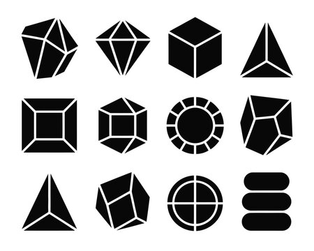 Collection of twelve black geometric 3d shapes vector illustration scalable eps icon set silhouette vector illustration white background