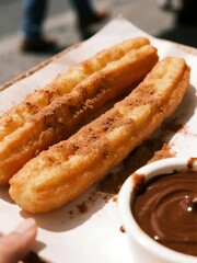 Golden churros dusted with cinnamon sugar served with a side of chocolate dipping sauce on parchment paper.